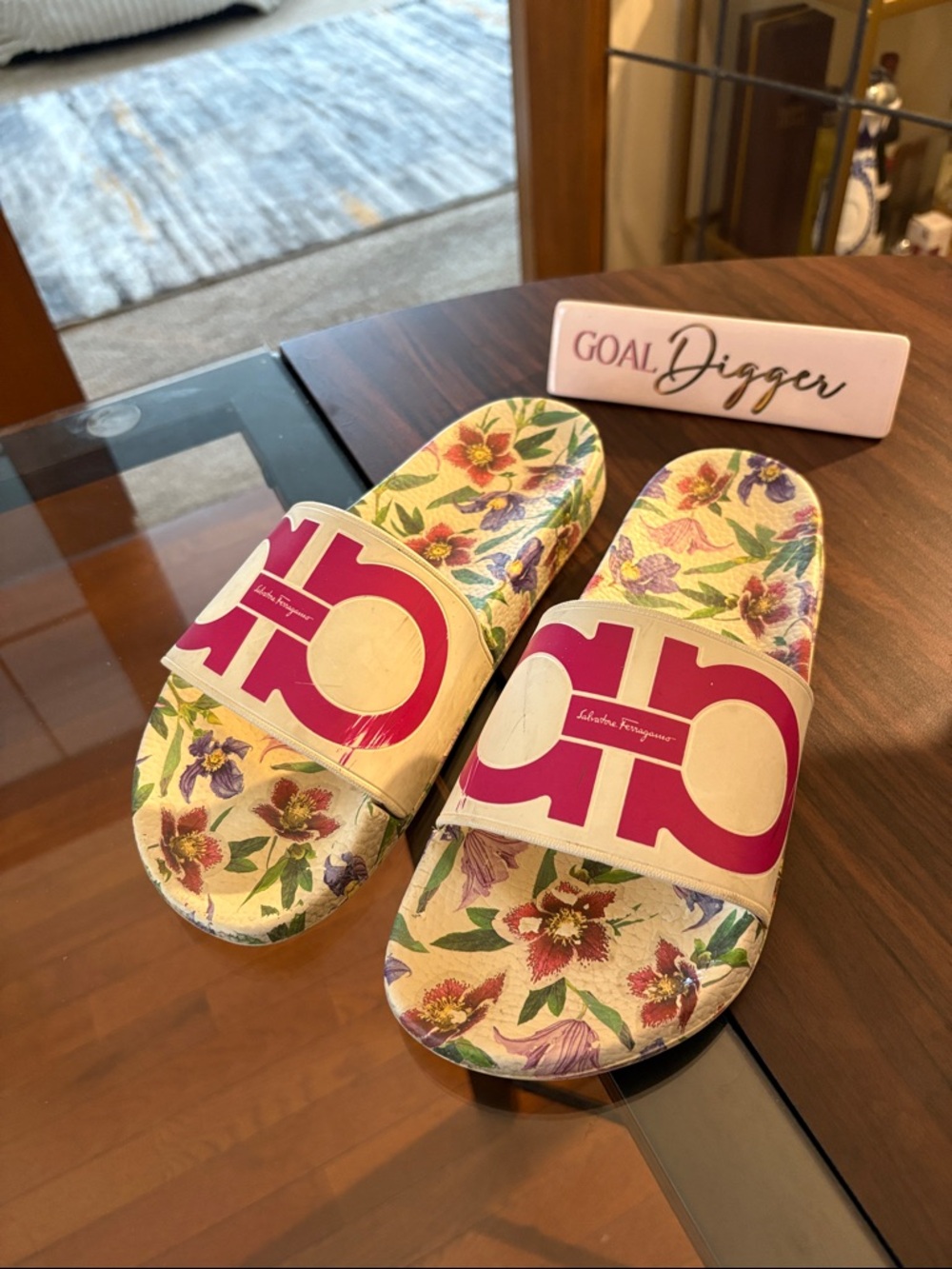 Salvatore Ferragamo Cream Floral Slide Sandals with Pink Logo Strap